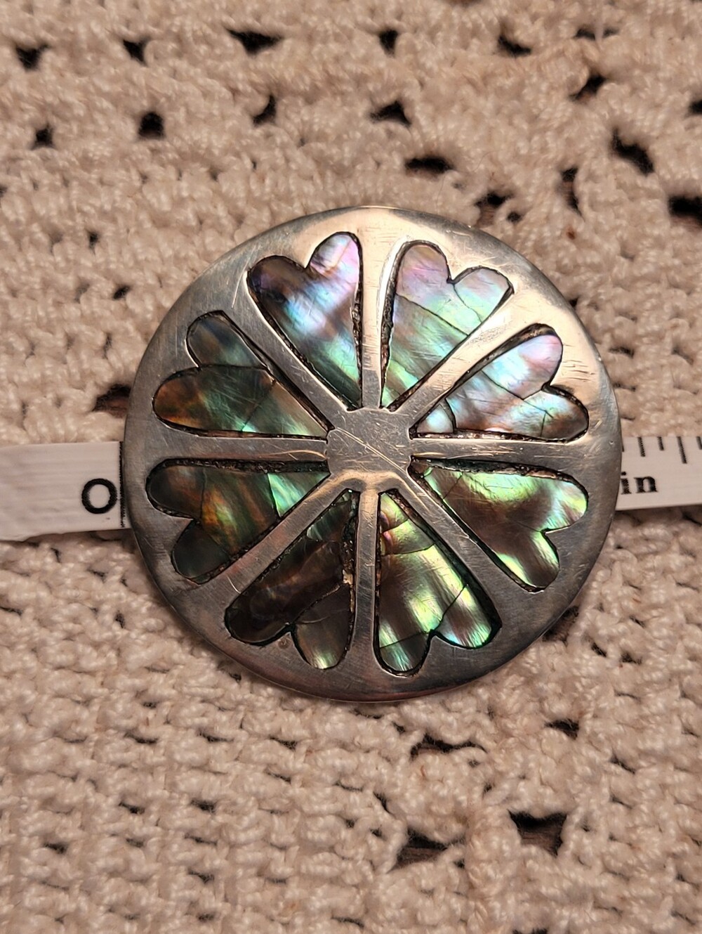 Round Abalone Inlay Silver-Tone Statement Pendant Brooch - Iridescent Green/Blue